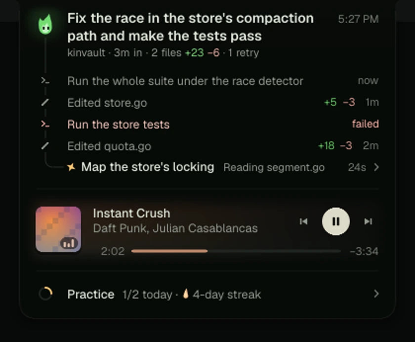 Working: the timeline hangs from Ember